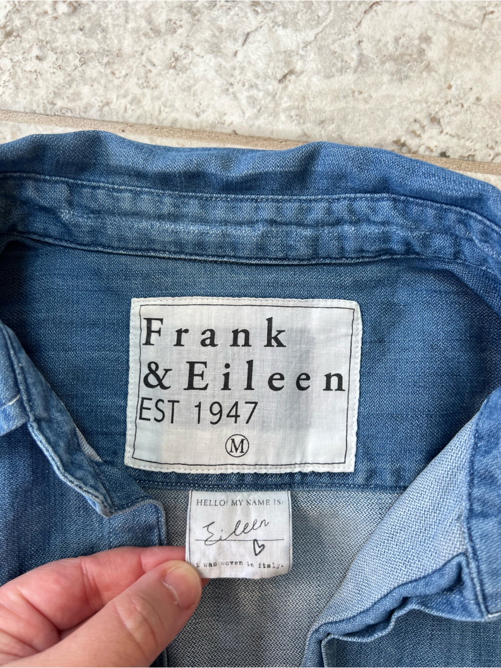 Frank & Eileen Barry Long Sleeved Distressed Hem Denim Blue Button-Up Shirt, M - Picture 7 of 11